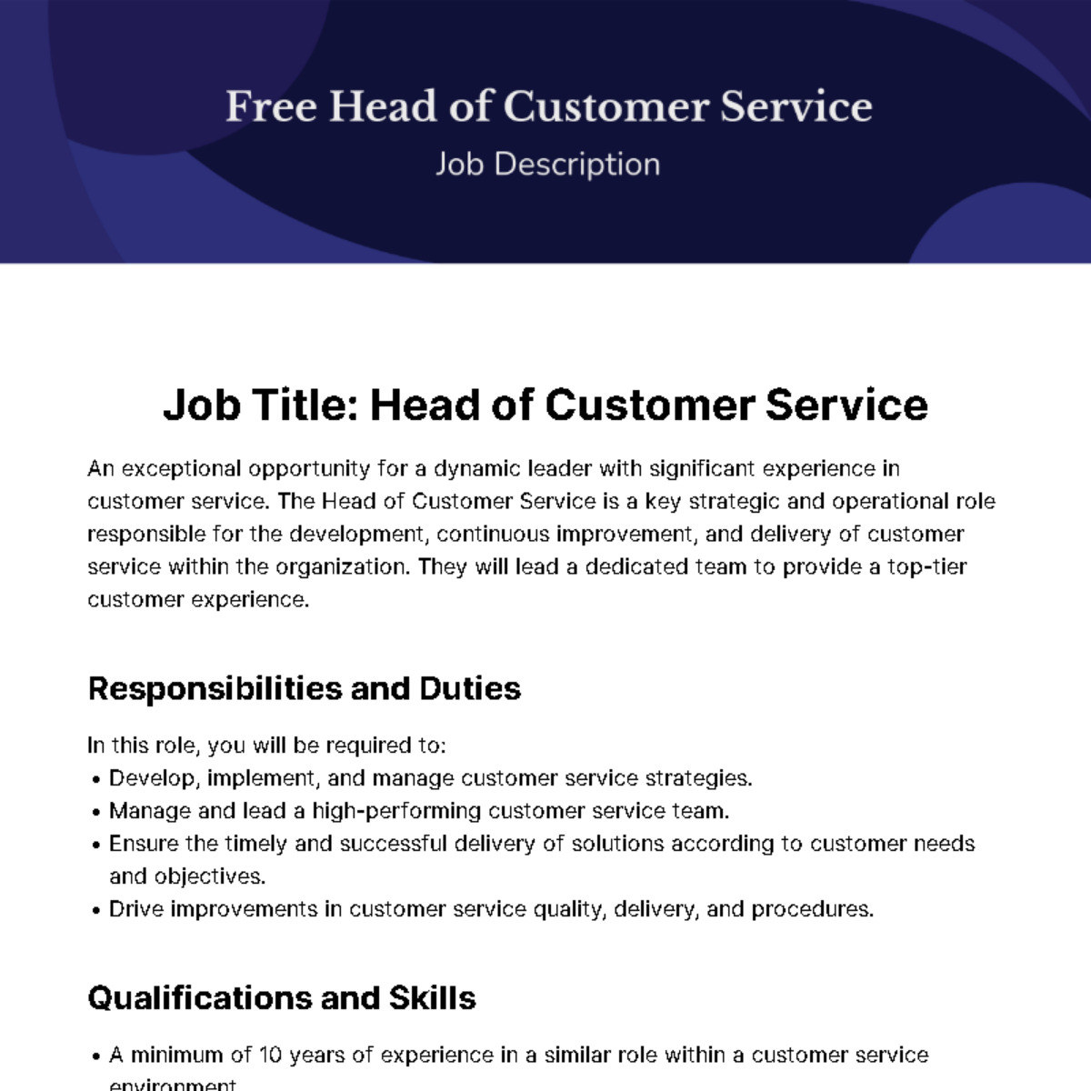Free Head of Customer Service Job Description Template