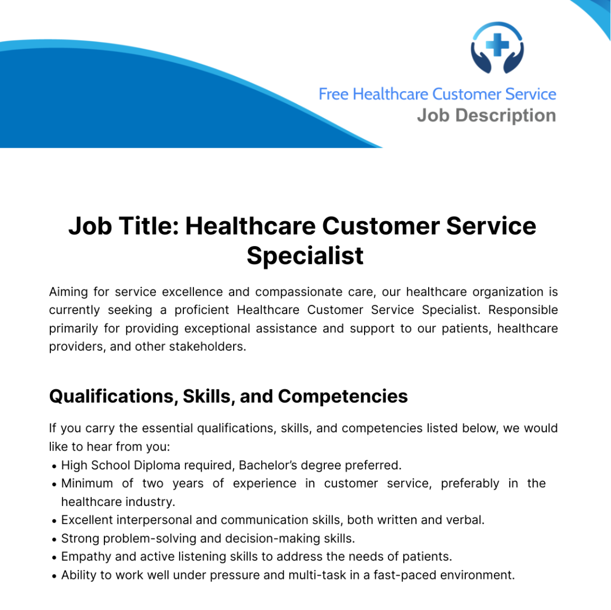 Healthcare Customer Service Job Description Template