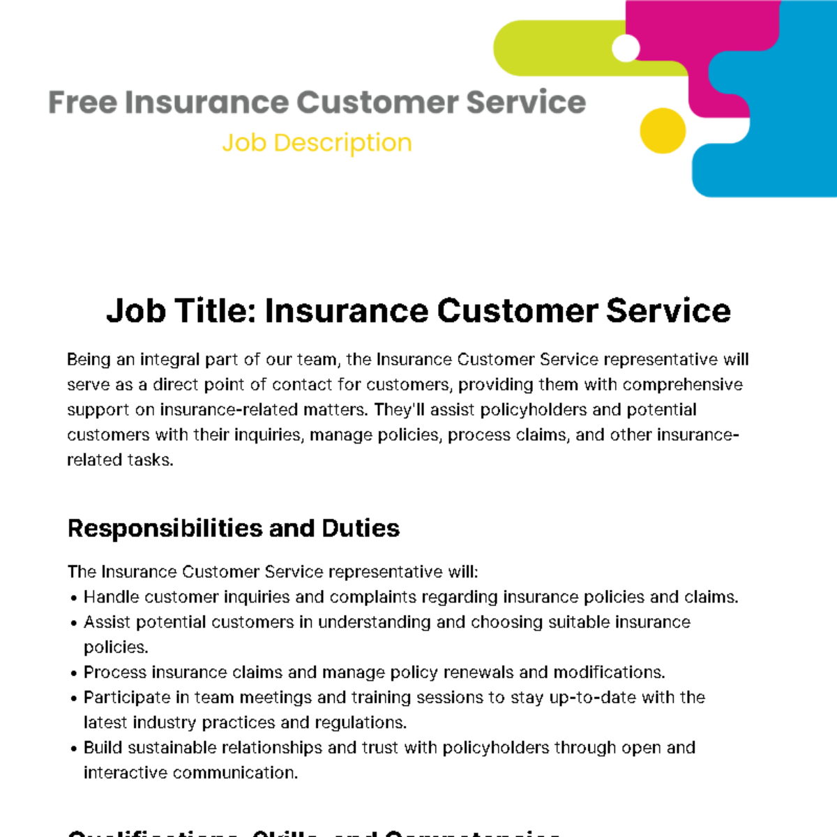Insurance Customer Service Job Description Template