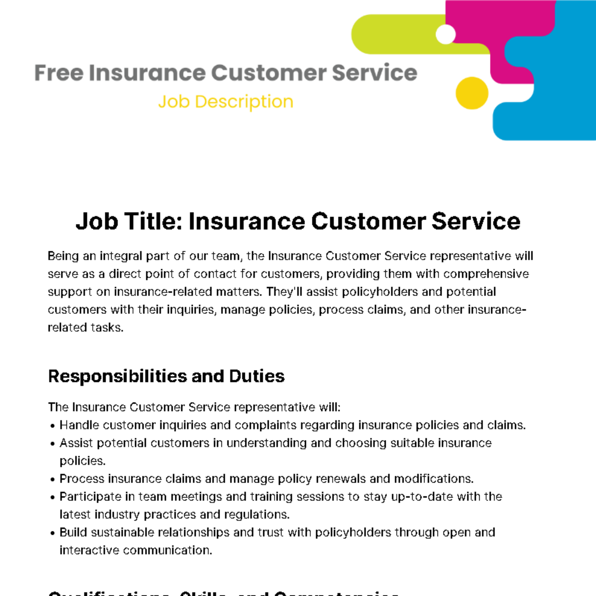 Insurance Customer Service Job Description Template - Edit Online