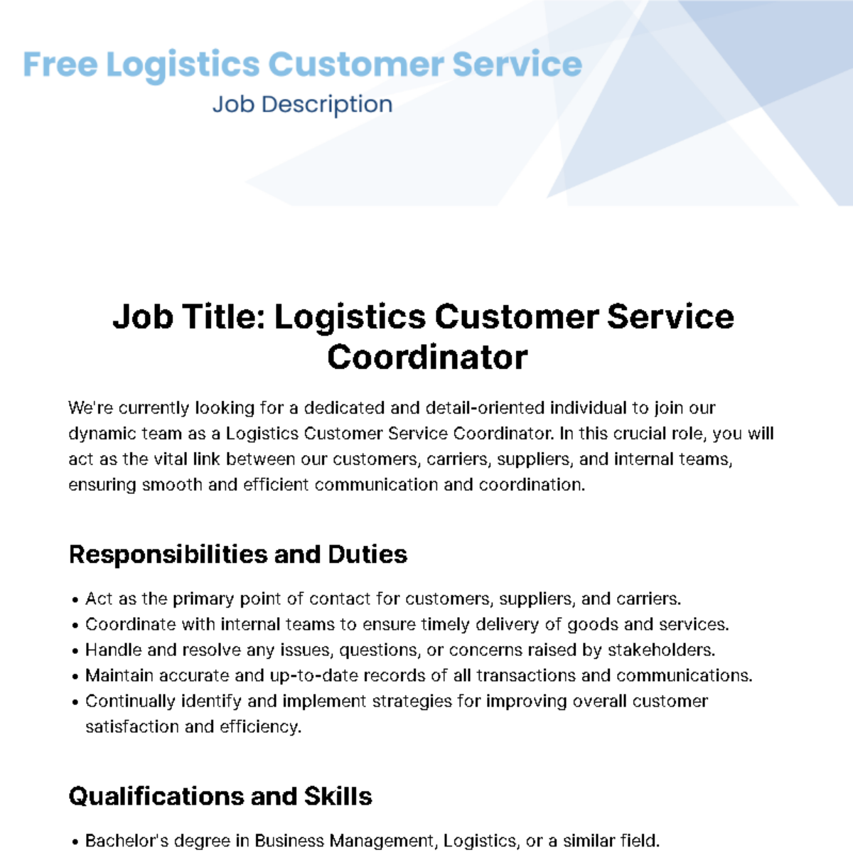Logistics Customer Service Job Description Template