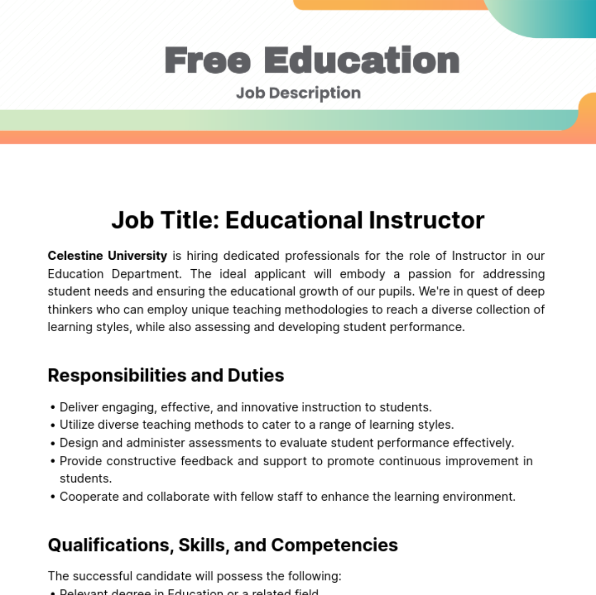 Free Education Job Description Template