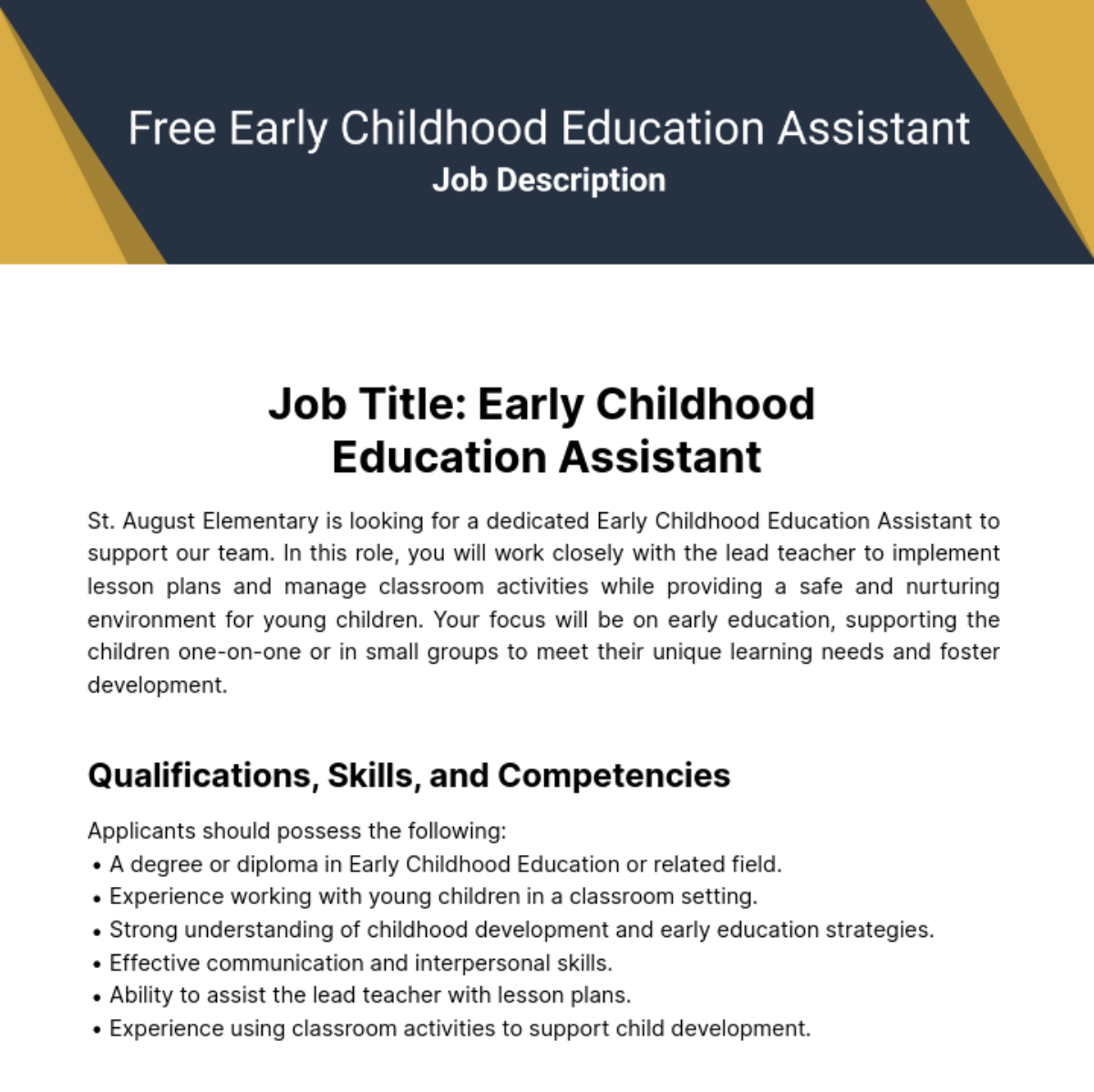 Free Early Childhood Education Assistant Job Description Template
