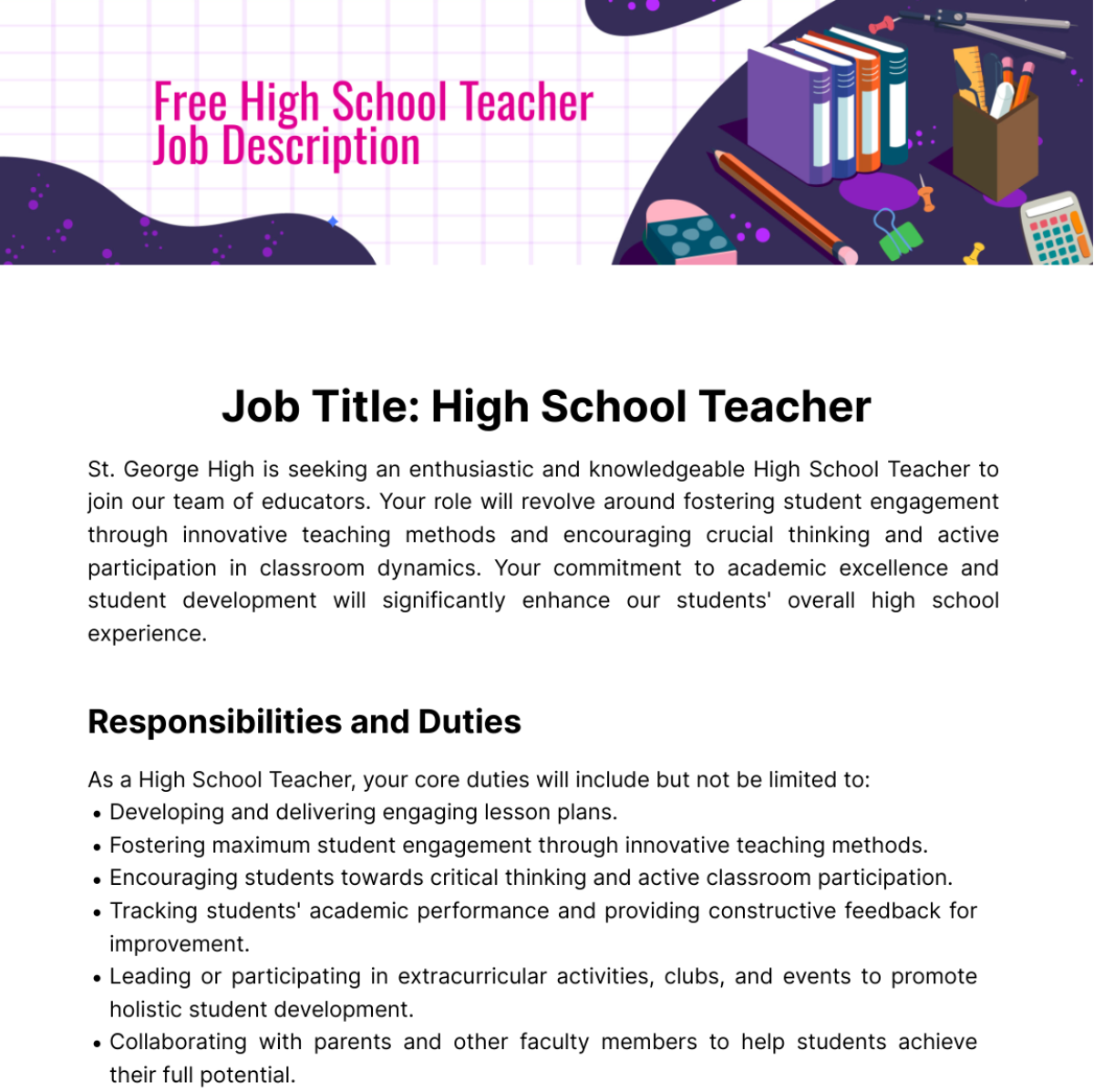 Free High School Teacher Job Description Template