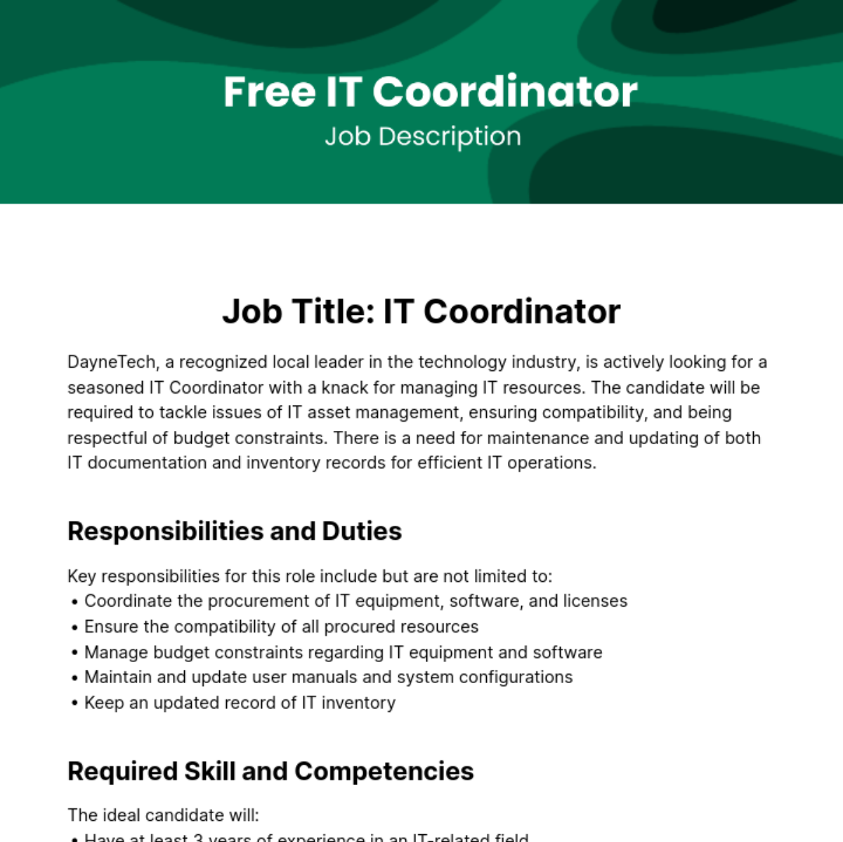 Free IT Coordinator Job Description Template