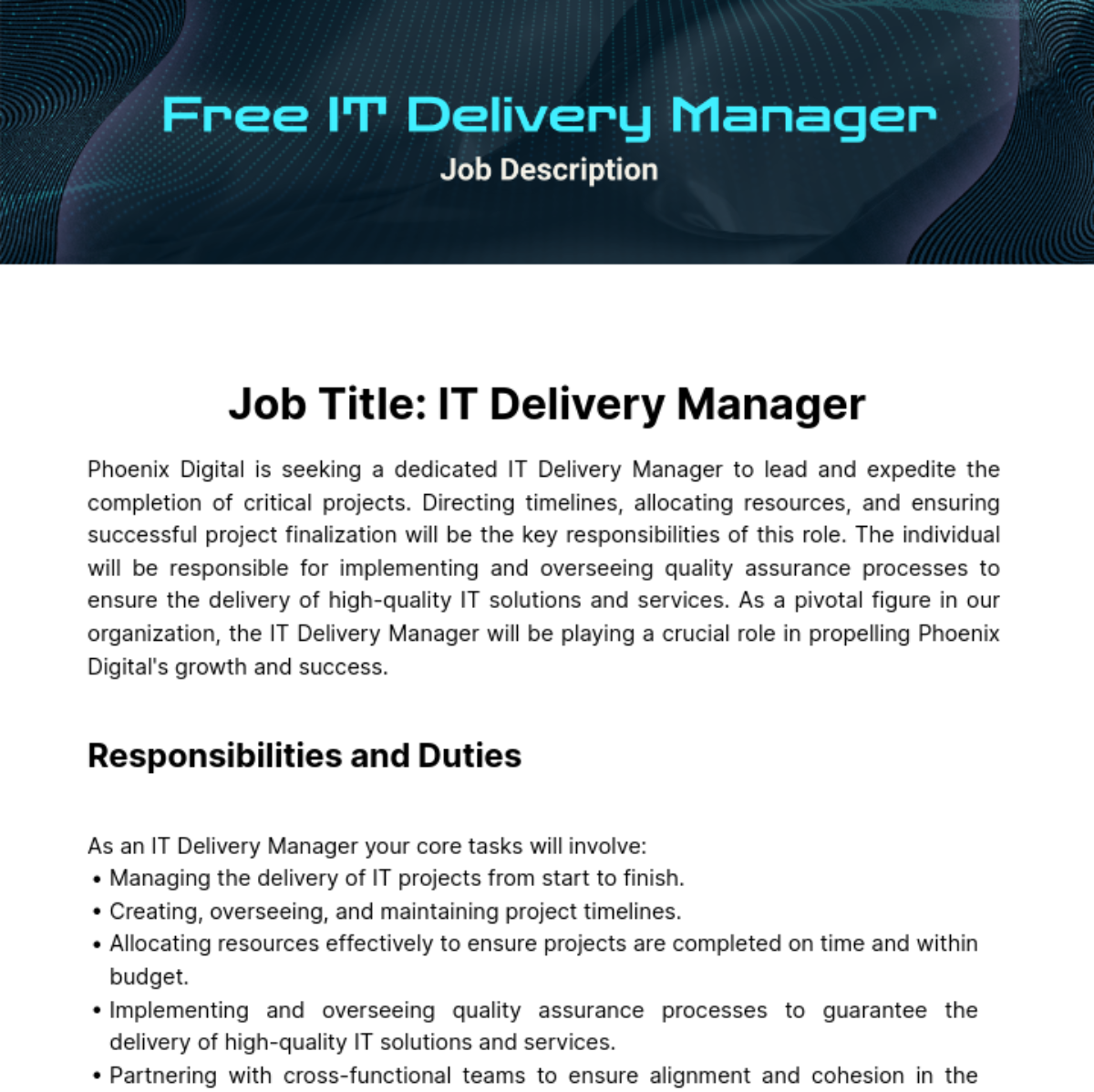 Free IT Delivery Manager Job Description Template