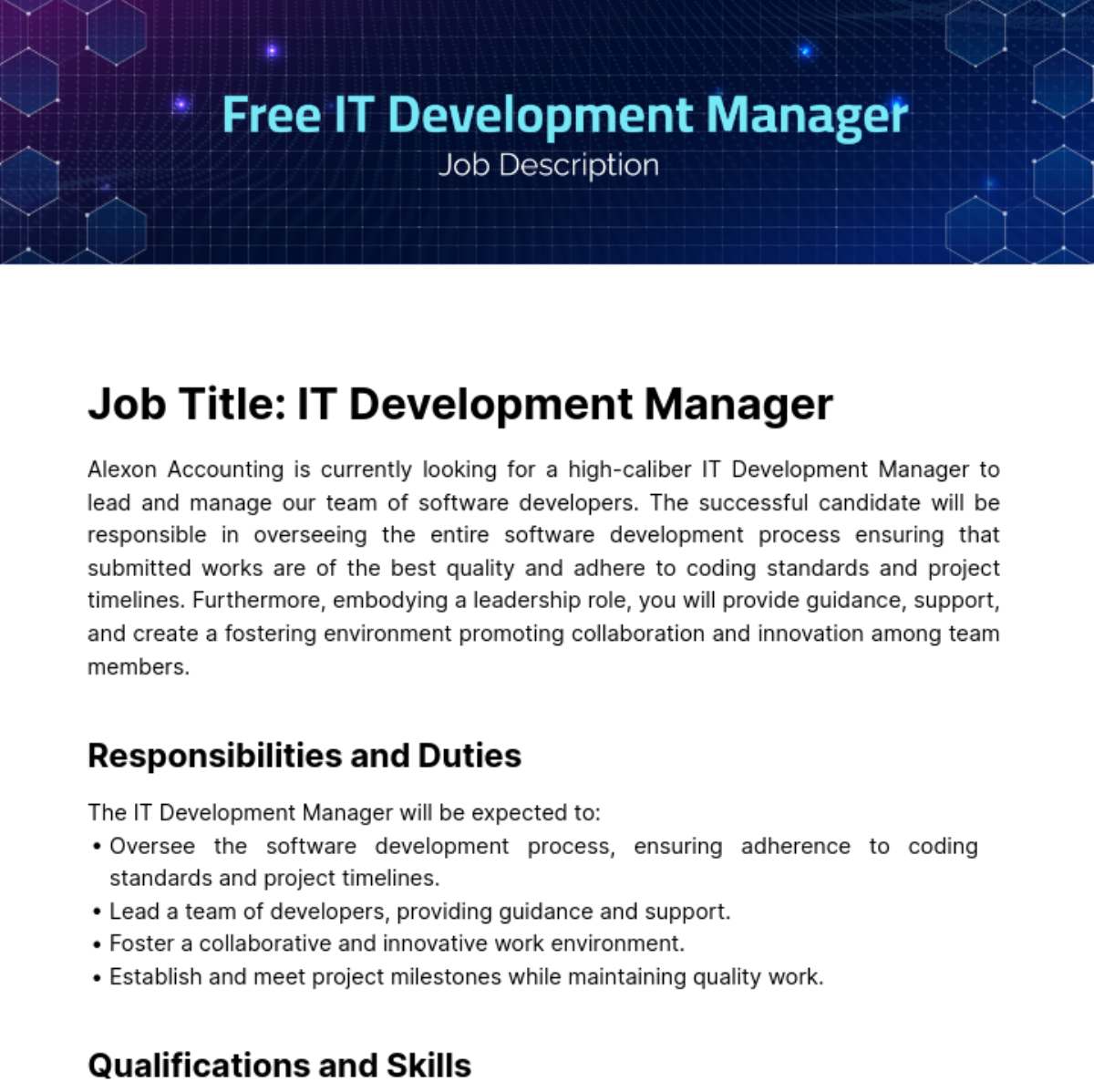 IT Development Manager Job Description Template