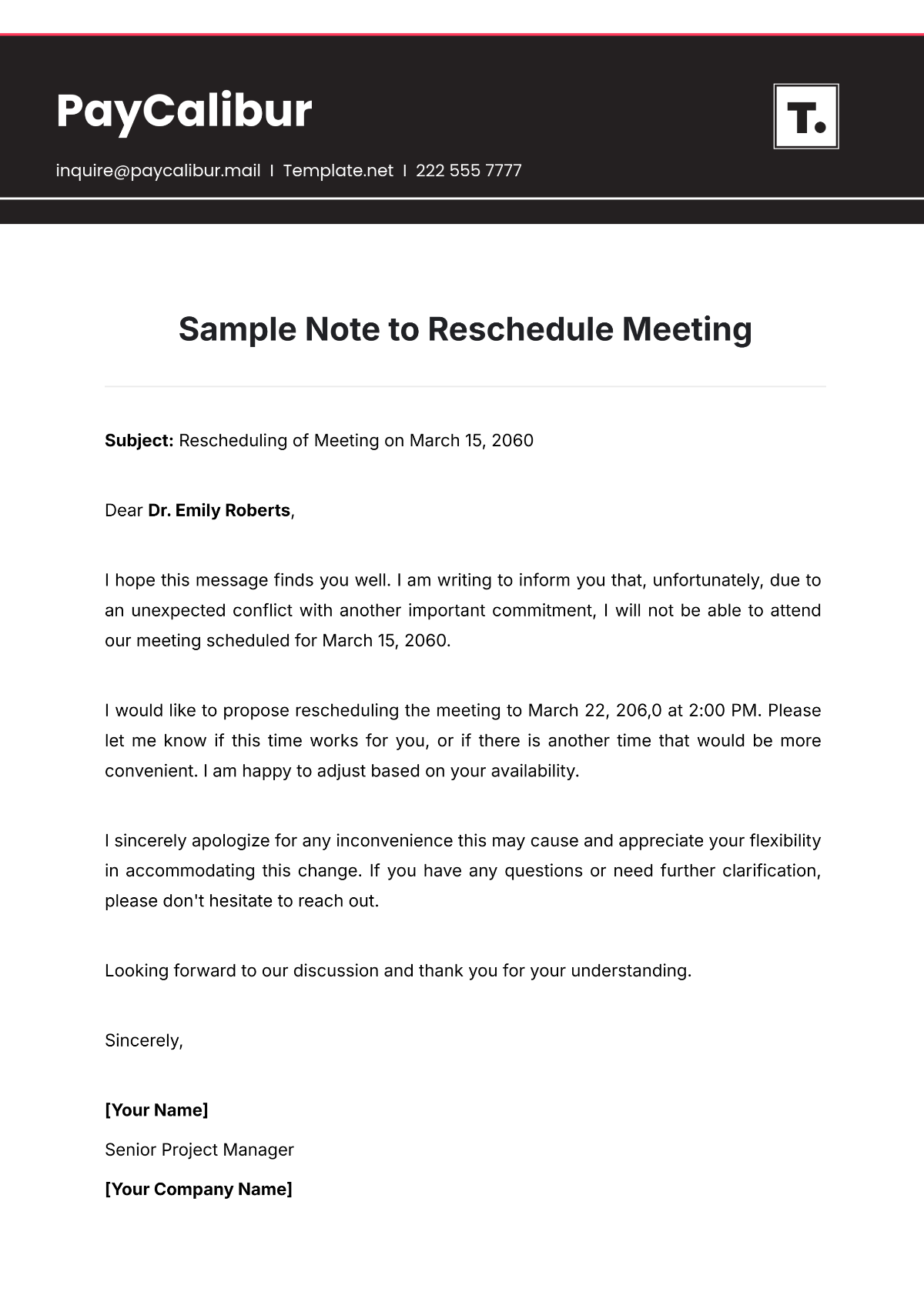 Sample Note to Reschedule Meeting Template