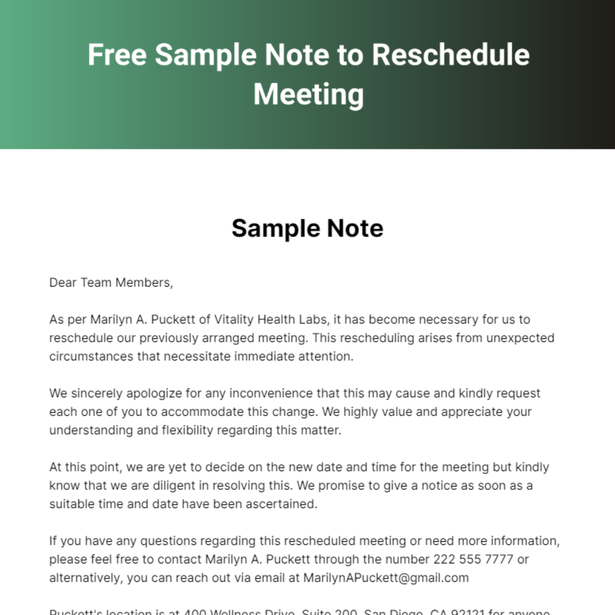 Free Sample Note to Reschedule Meeting Template