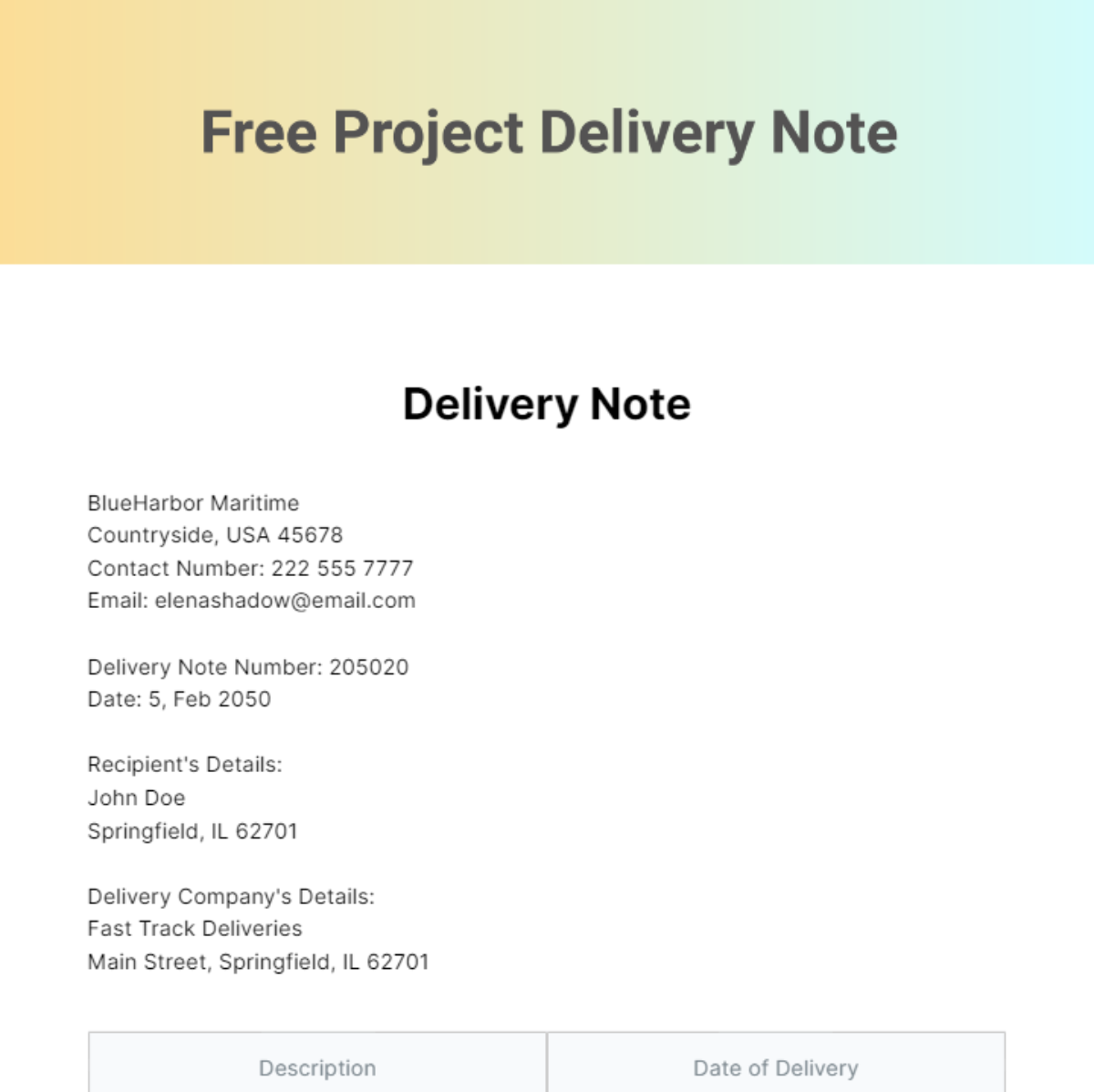 Project Delivery Note Template