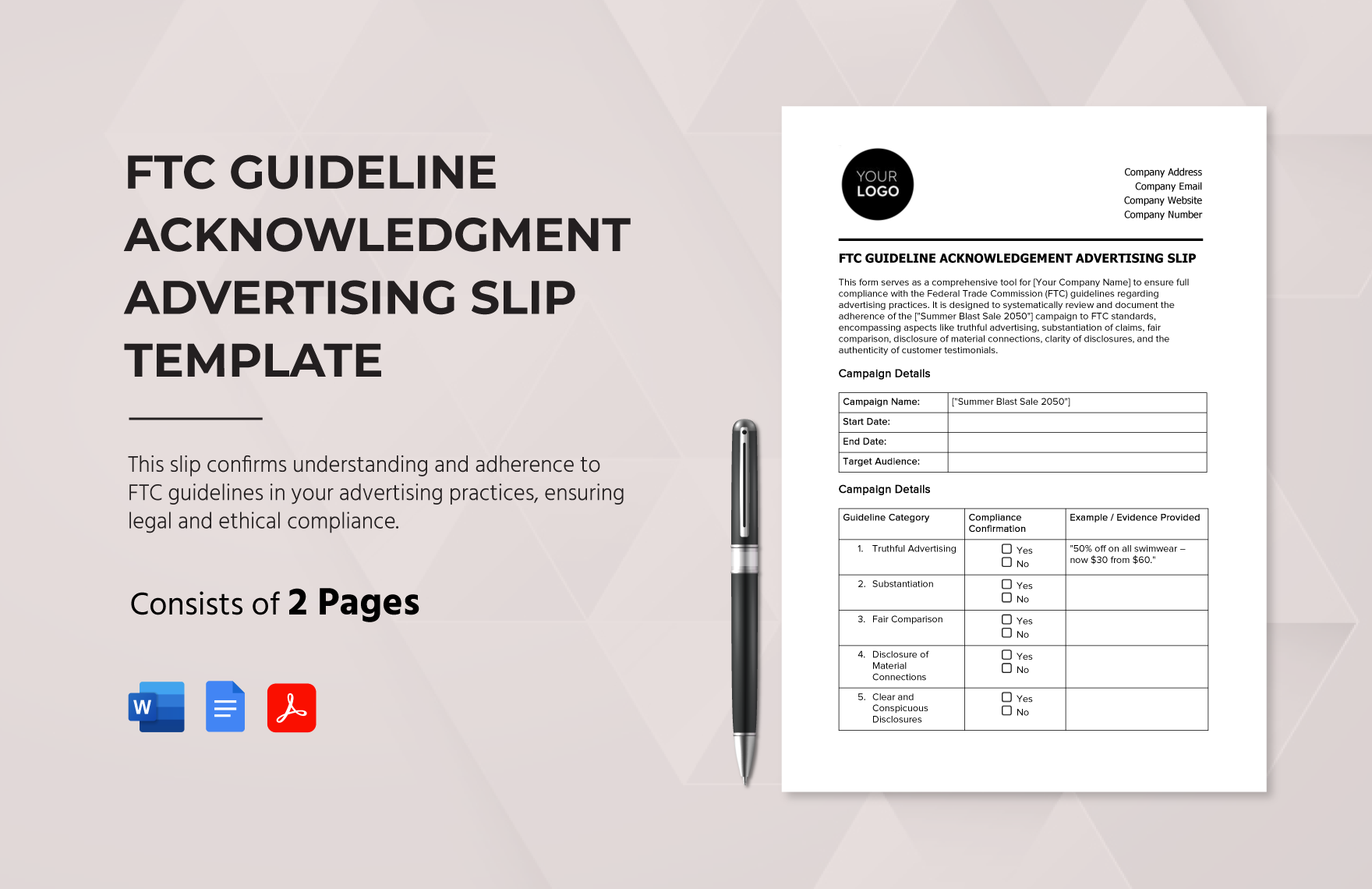 FTC Guideline Acknowledgment Advertising Slip Template in Word, Google Docs, PDF