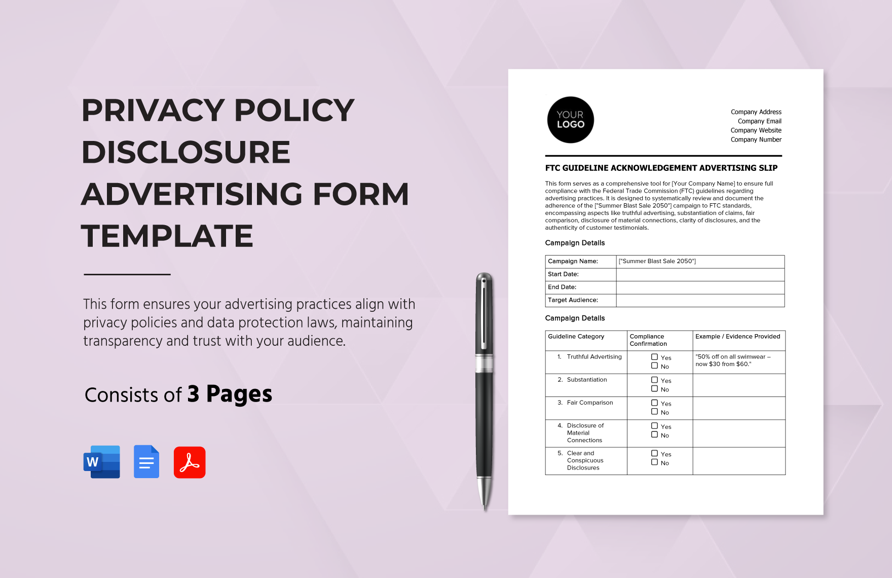 Privacy Policy Disclosure Advertising Form Template in Word, Google Docs, PDF