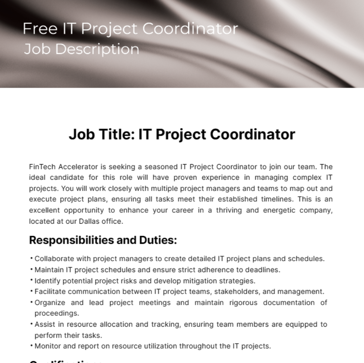 Free IT Project Coordinator Job Description Template