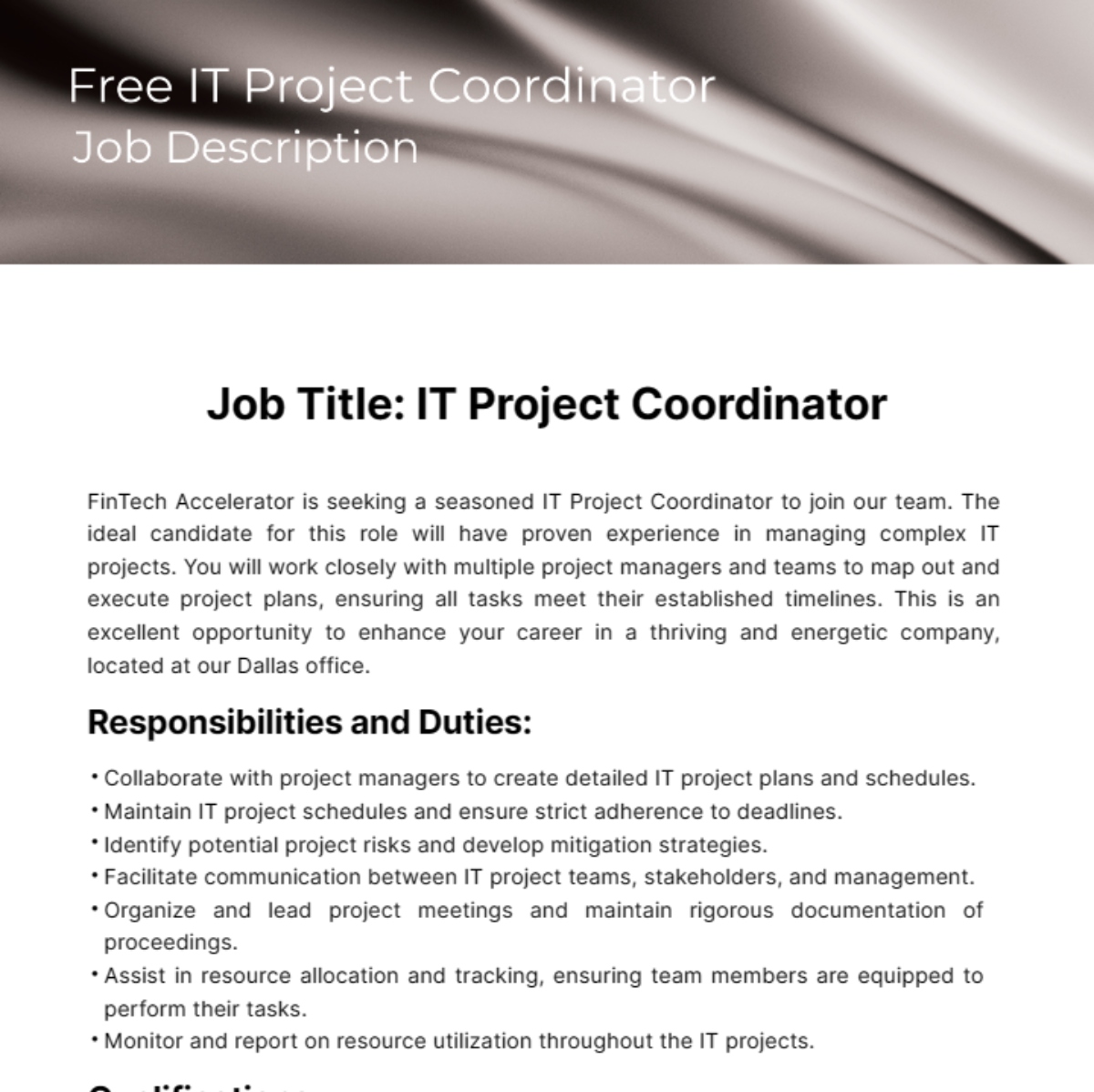 IT Project Coordinator Job Description Template Edit Online 