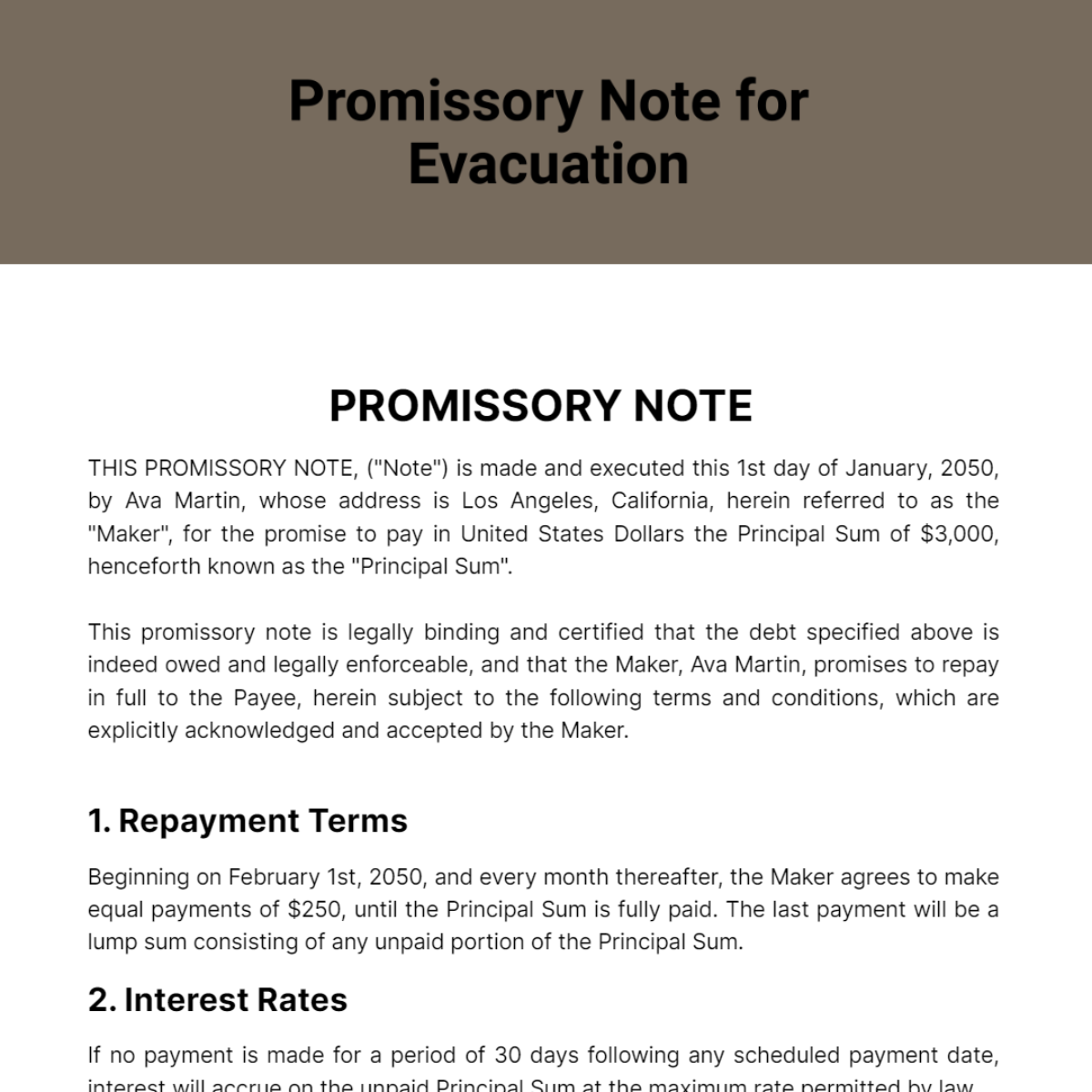 Promissory Note for Evacuation Template