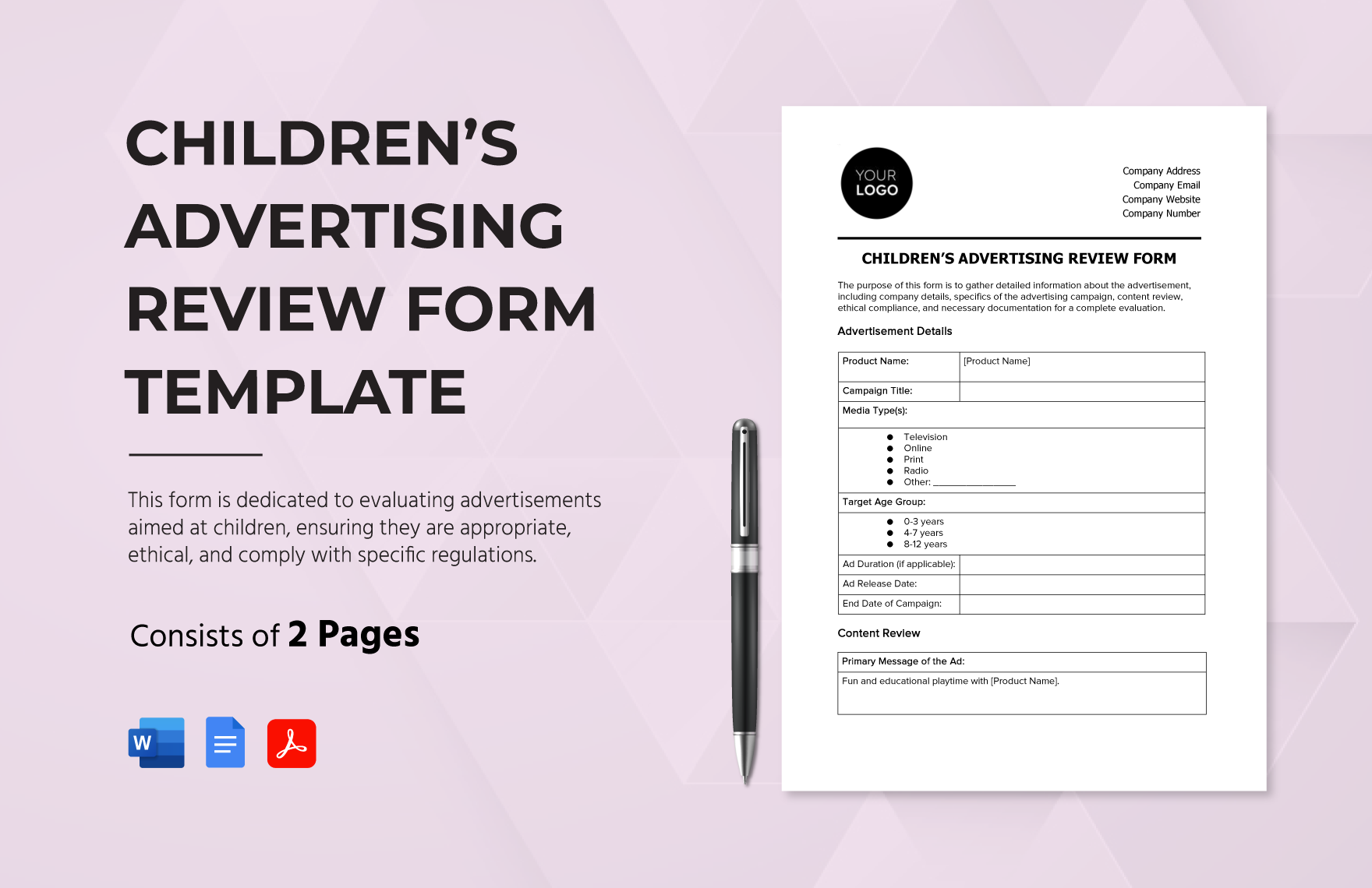 Children’s Advertising Review Form Template in Word, Google Docs, PDF