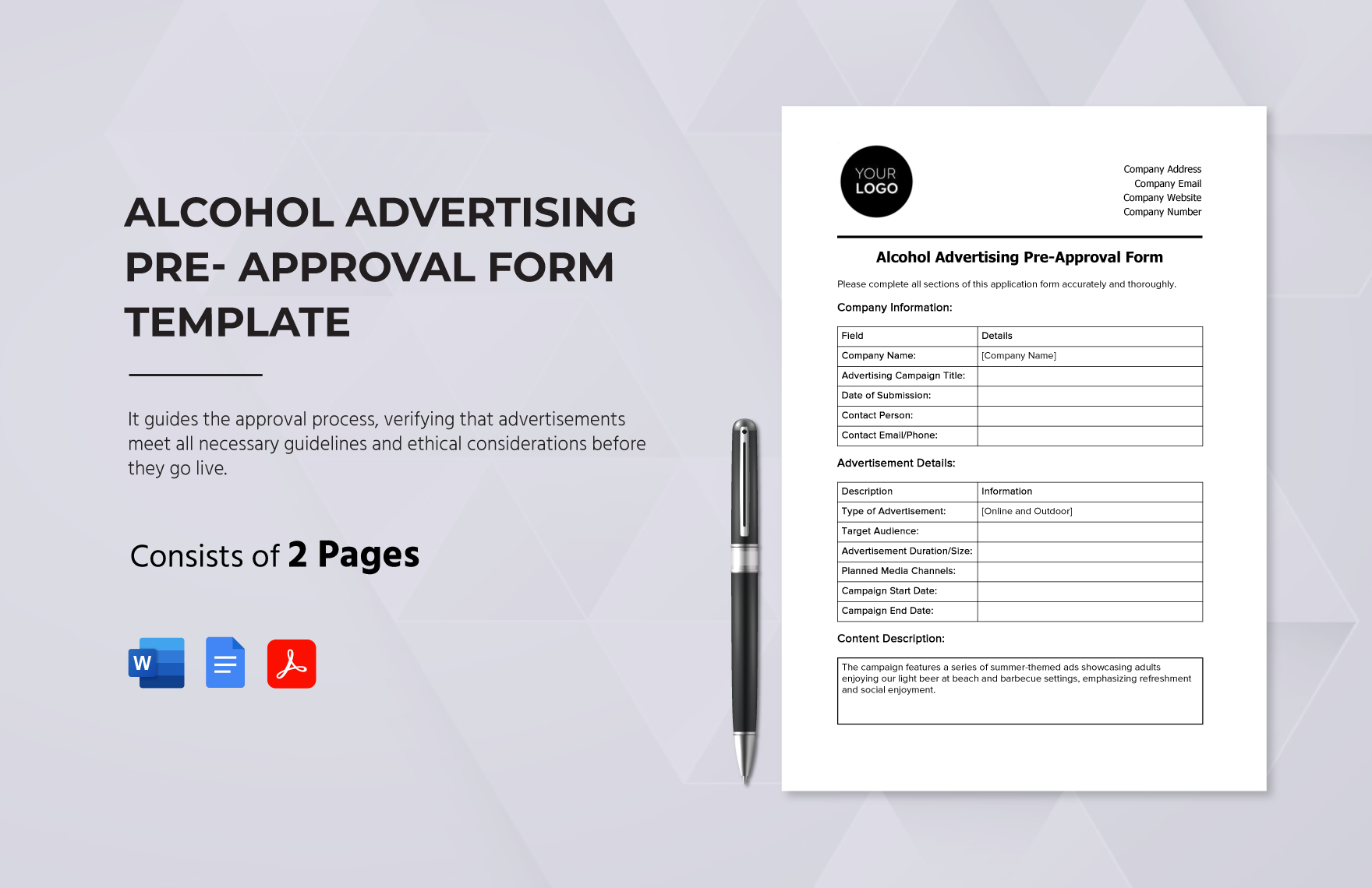 Alcohol Advertising Pre-Approval Form Template in Word, Google Docs, PDF