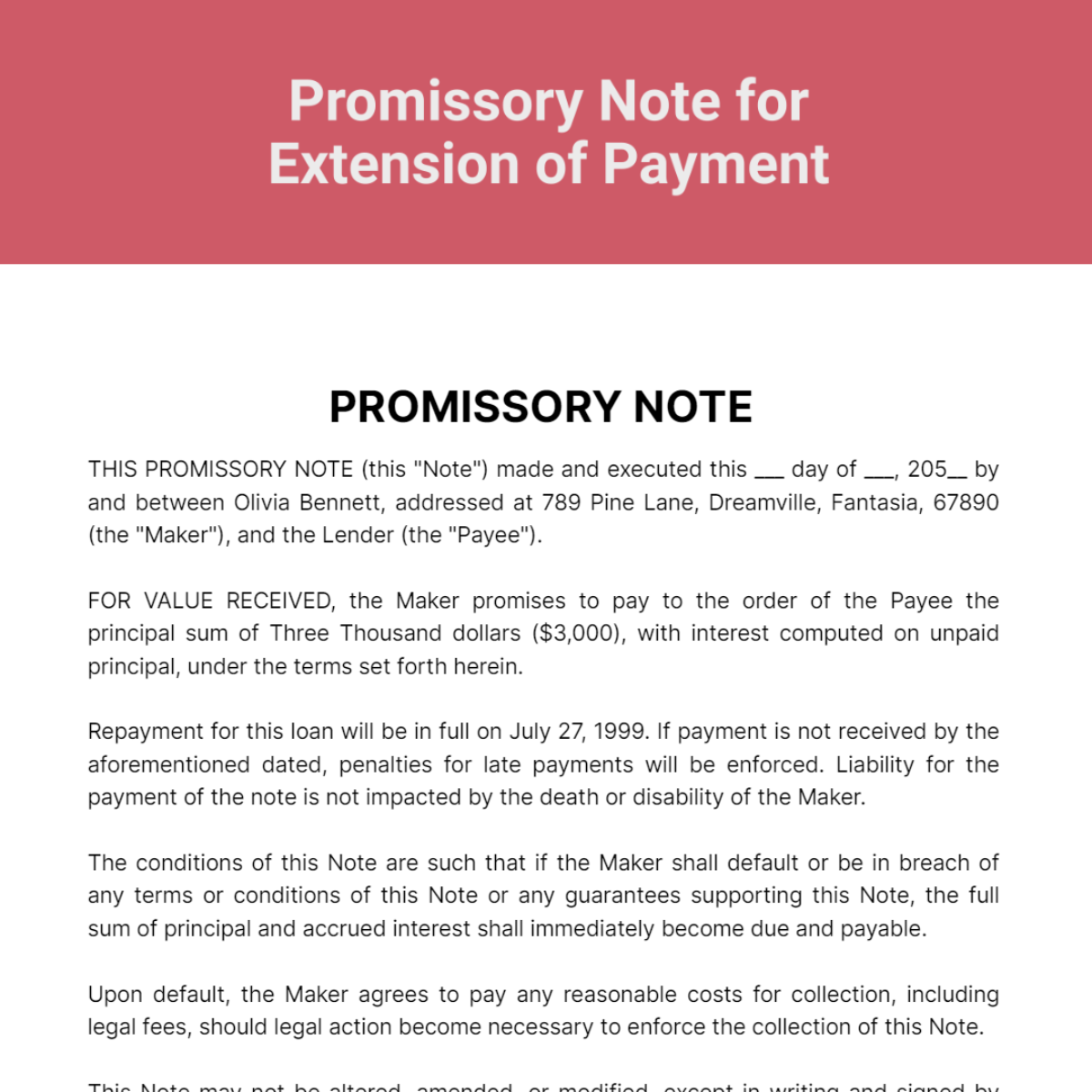 Promissory Note for Extension of Payment Template