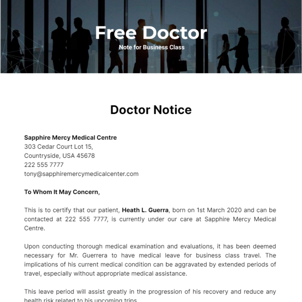 Doctor Note for Business Class Template