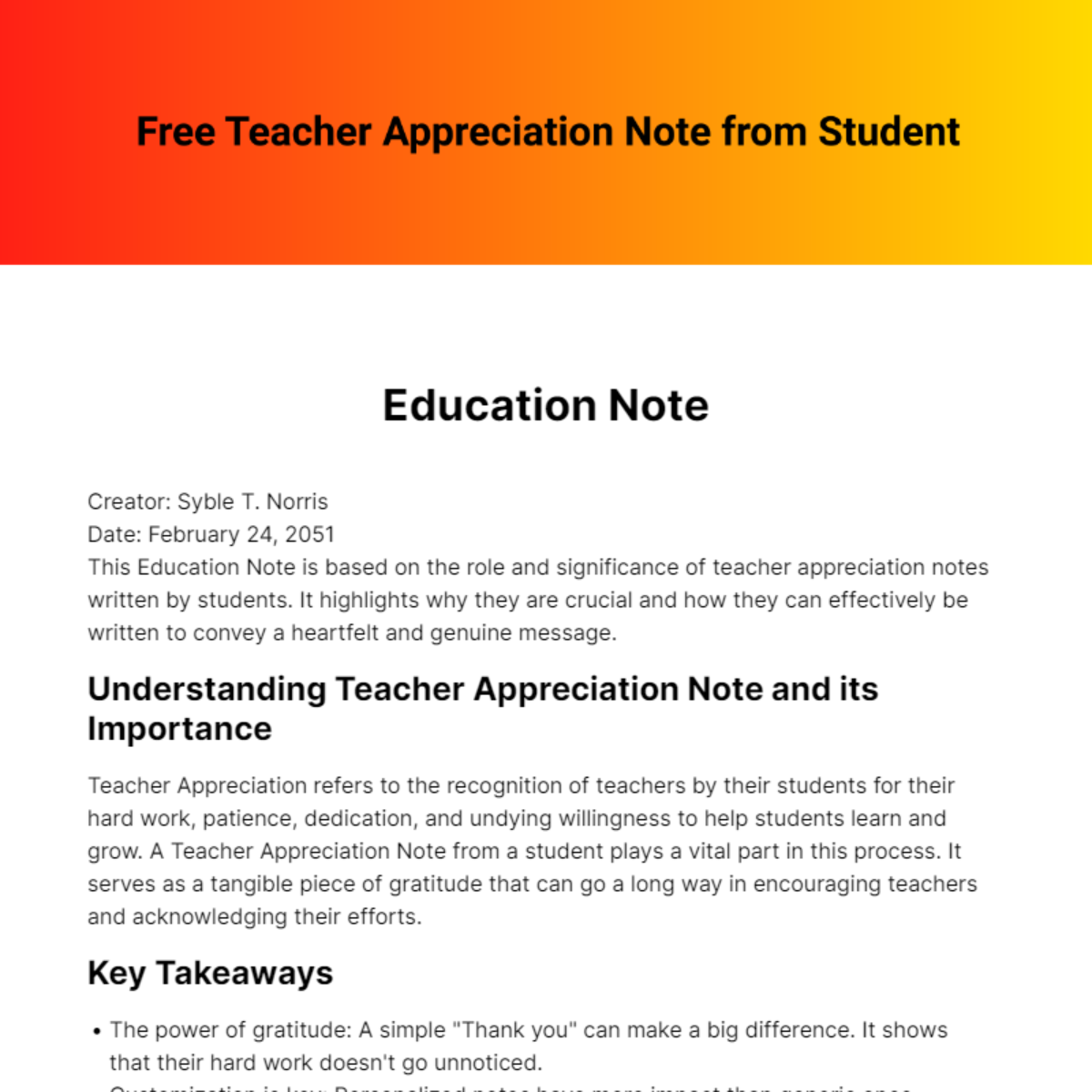 Teacher Appreciation Note from Student Template