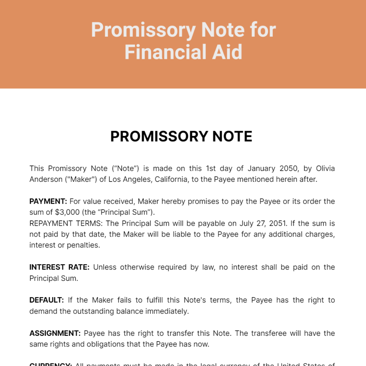 Promissory Note for Financial Aid Template