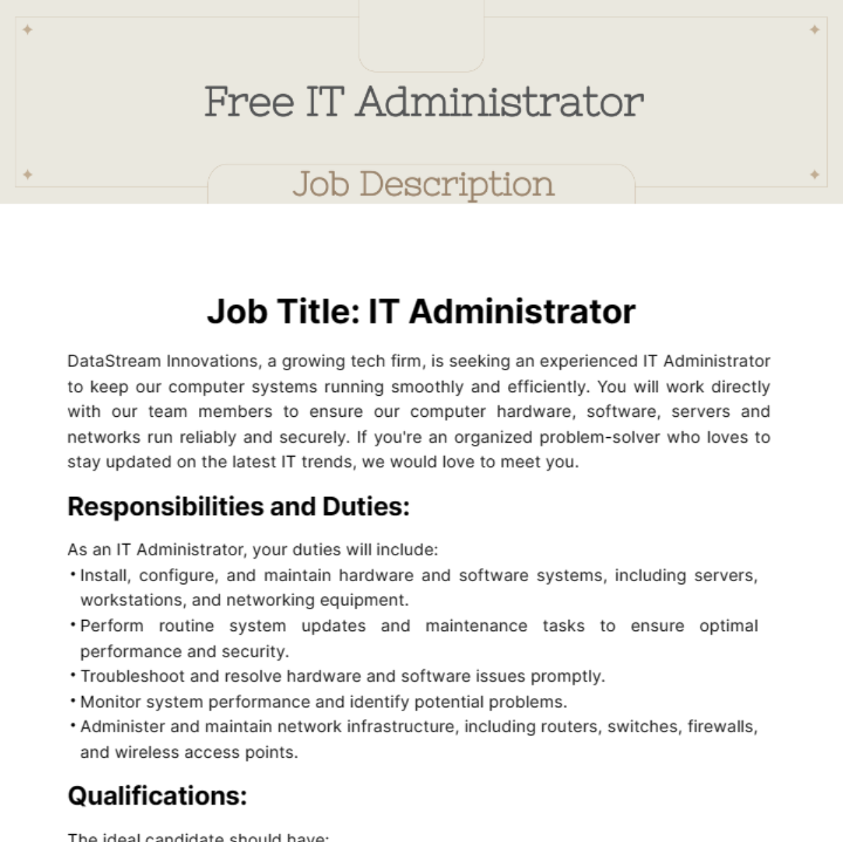 IT Administrator Job Description Template