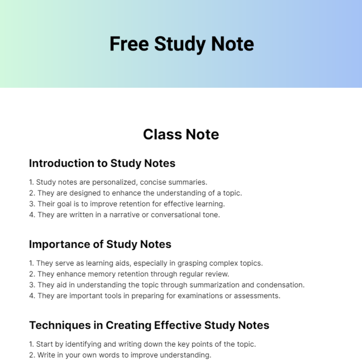 Free Study Note Template