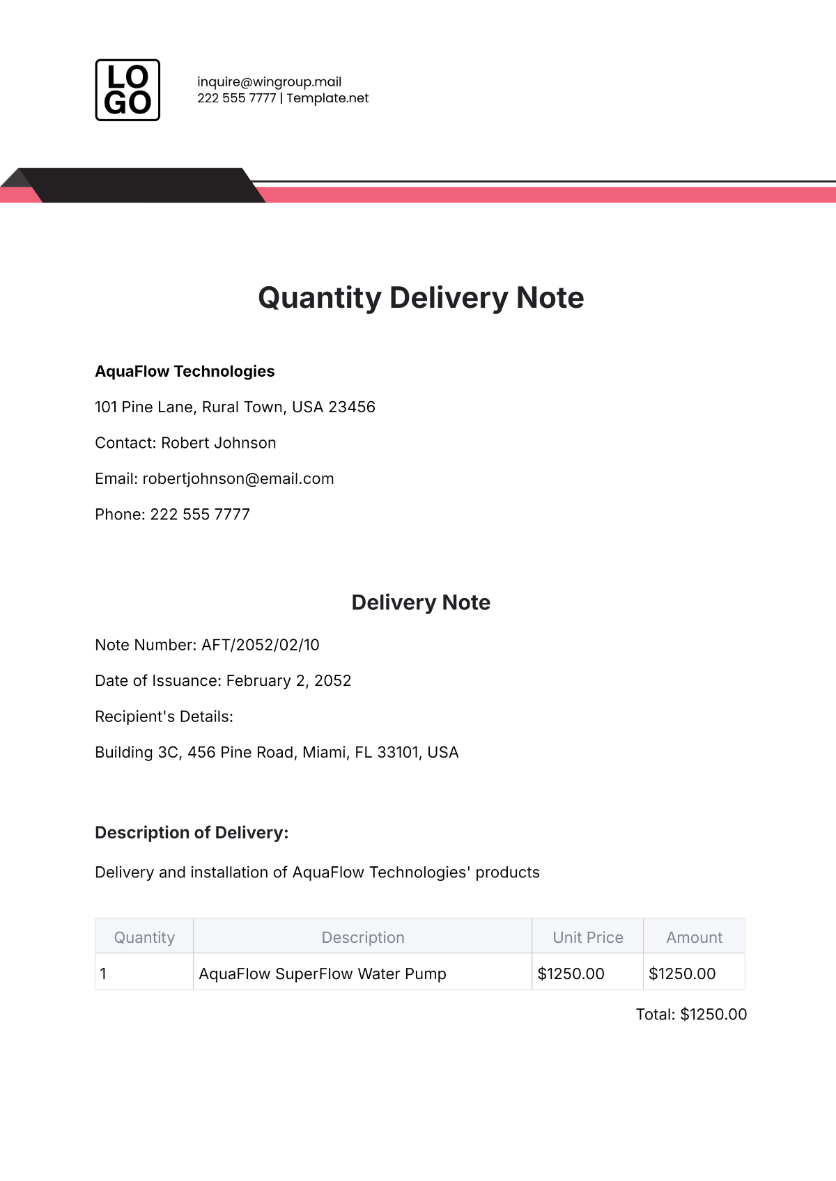 Free Quantity Delivery Note Template