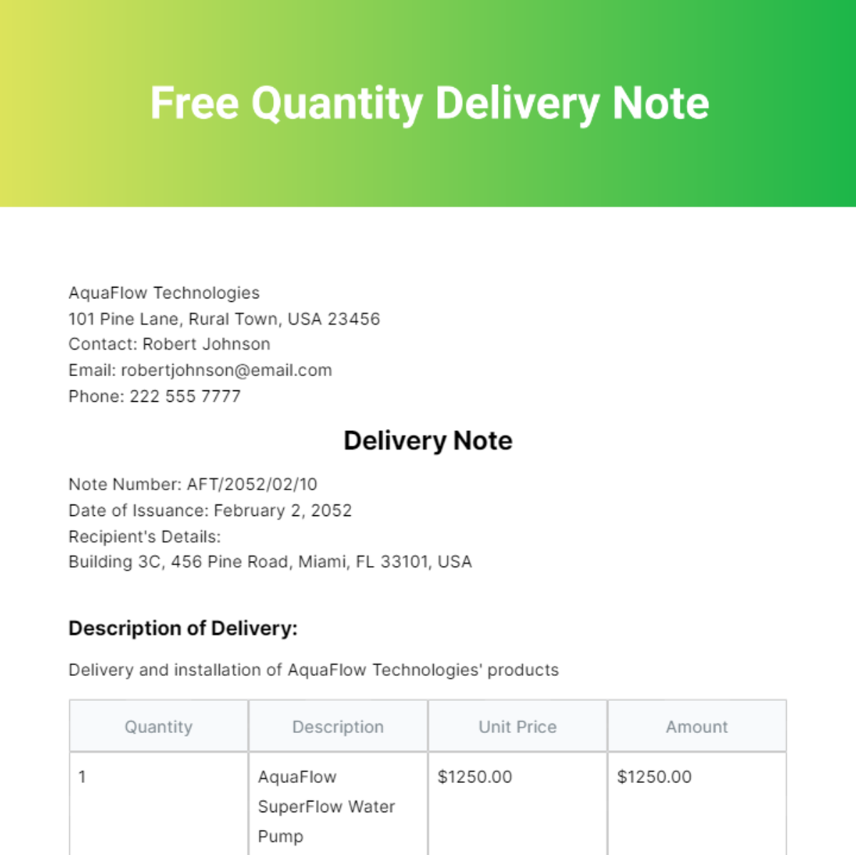 Quantity Delivery Note Template