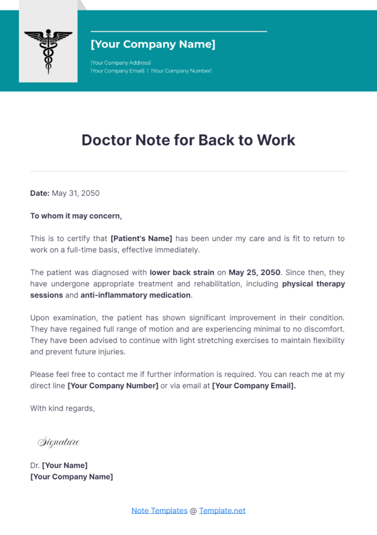 Free Doctor Note For Back To Work Template