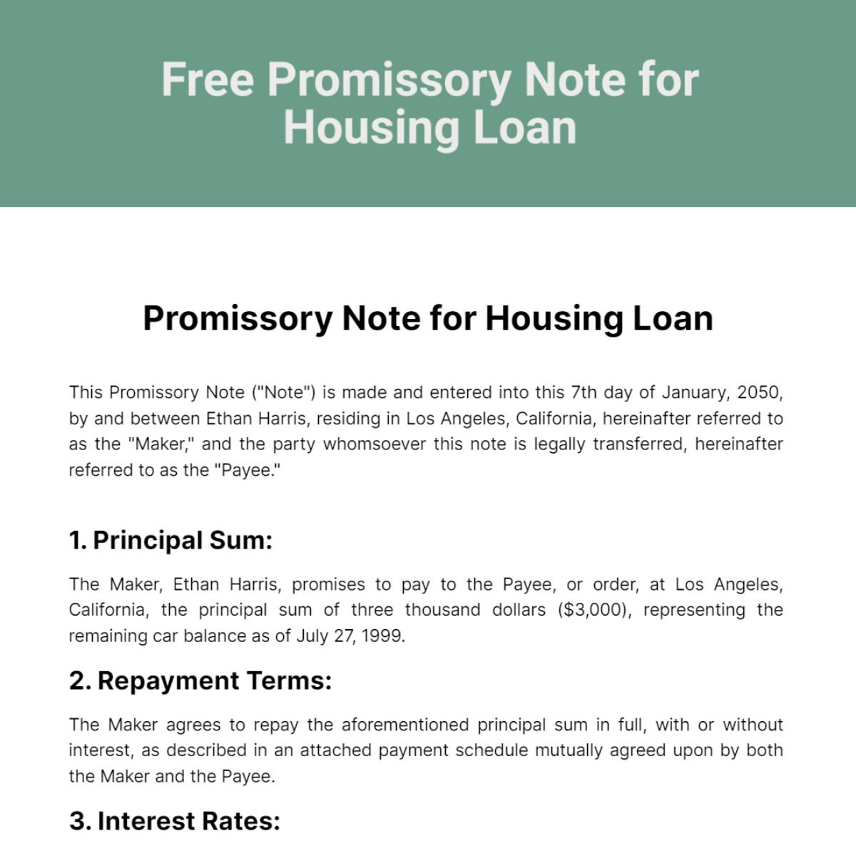 Promissory Note for Housing Loan Template