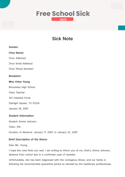 Free School Sick Note Template to Edit Online