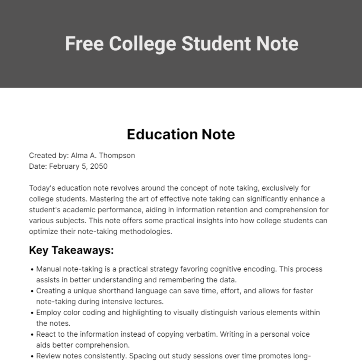 College Student Note Template