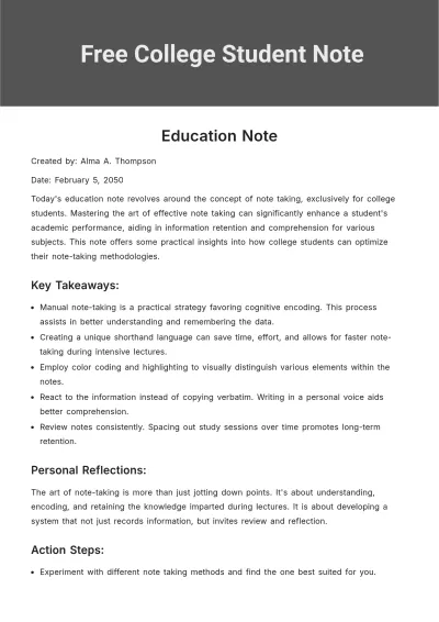 Free College Student Note Template to Edit Online