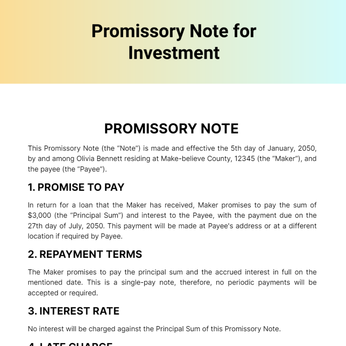 Promissory Note For Investment Template