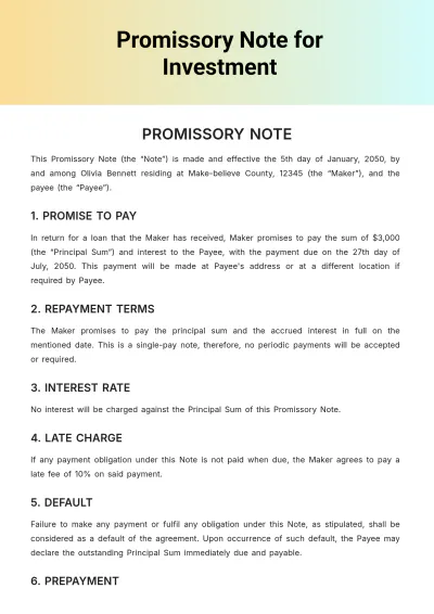 Free Promissory Note For Investment Template to Edit Online