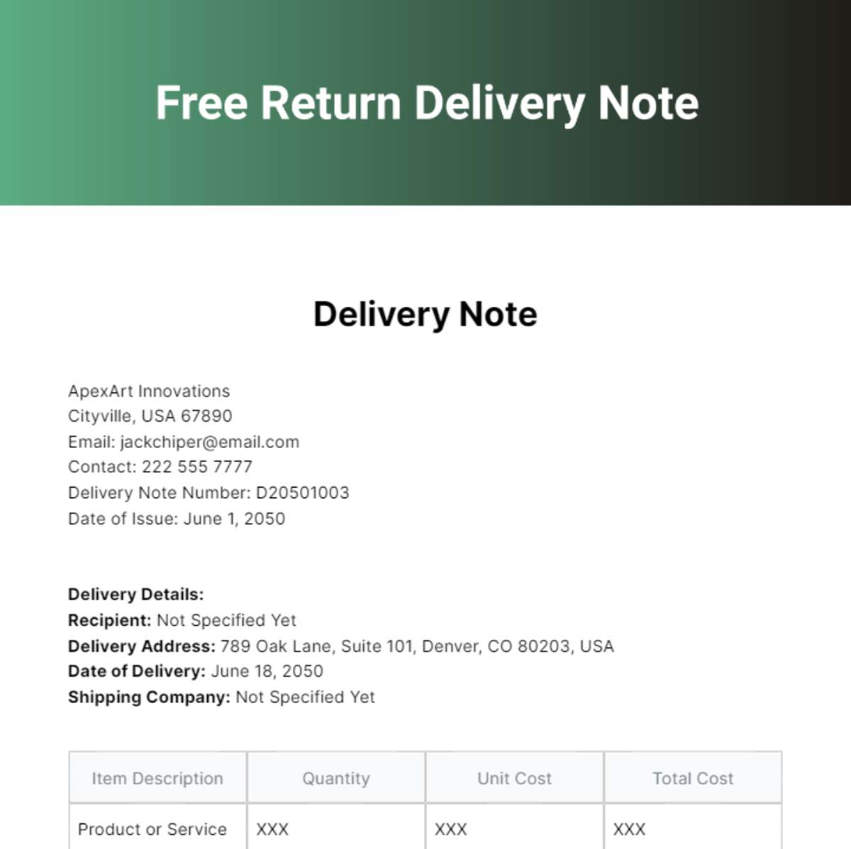 Free Return Delivery Note Template