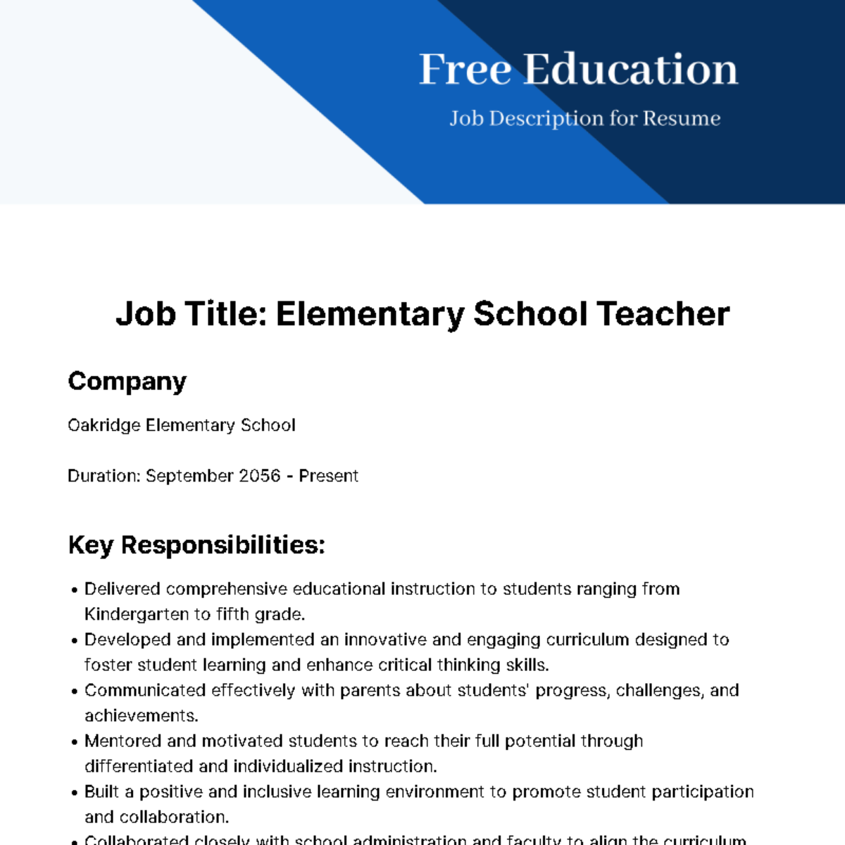 Free Education Job Description for Resume Template