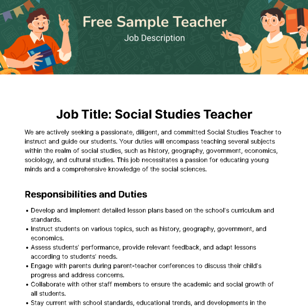 Free Sample Teacher Job Description Template
