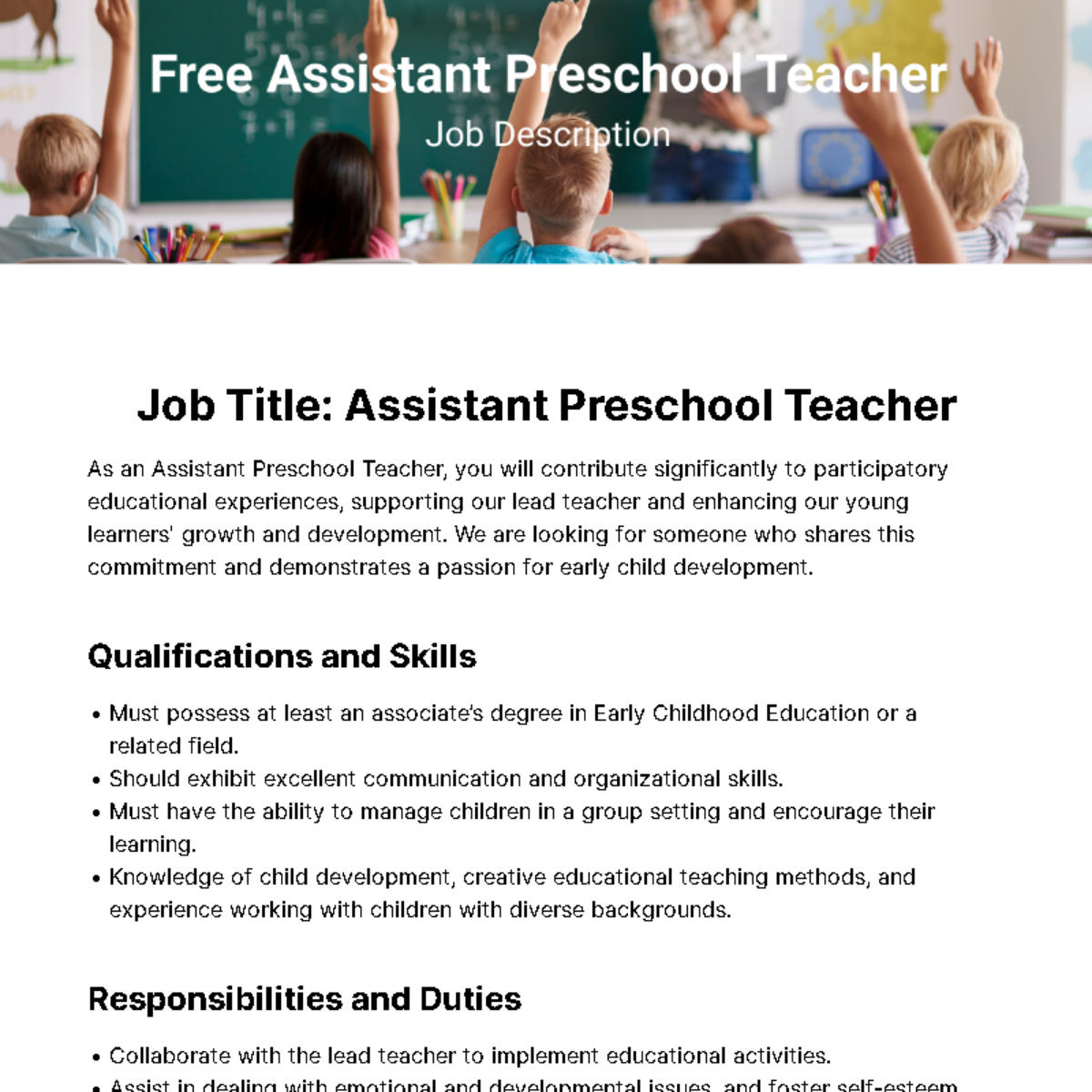 Free Assistant Preschool Teacher Job Description Template