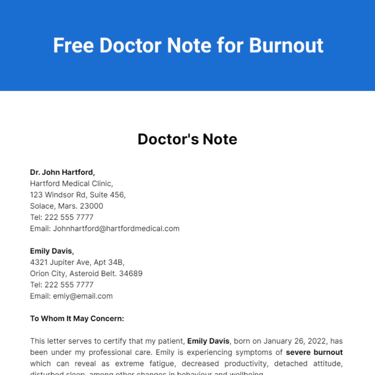 Doctor Note For Burnout Template