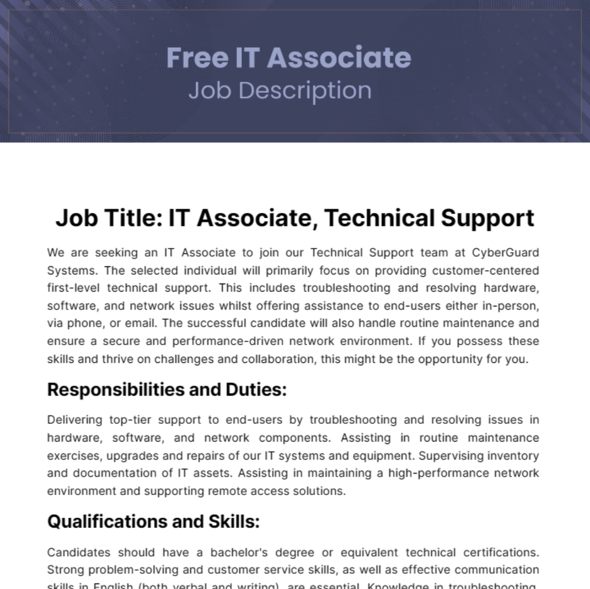 IT Associate Job Description Template