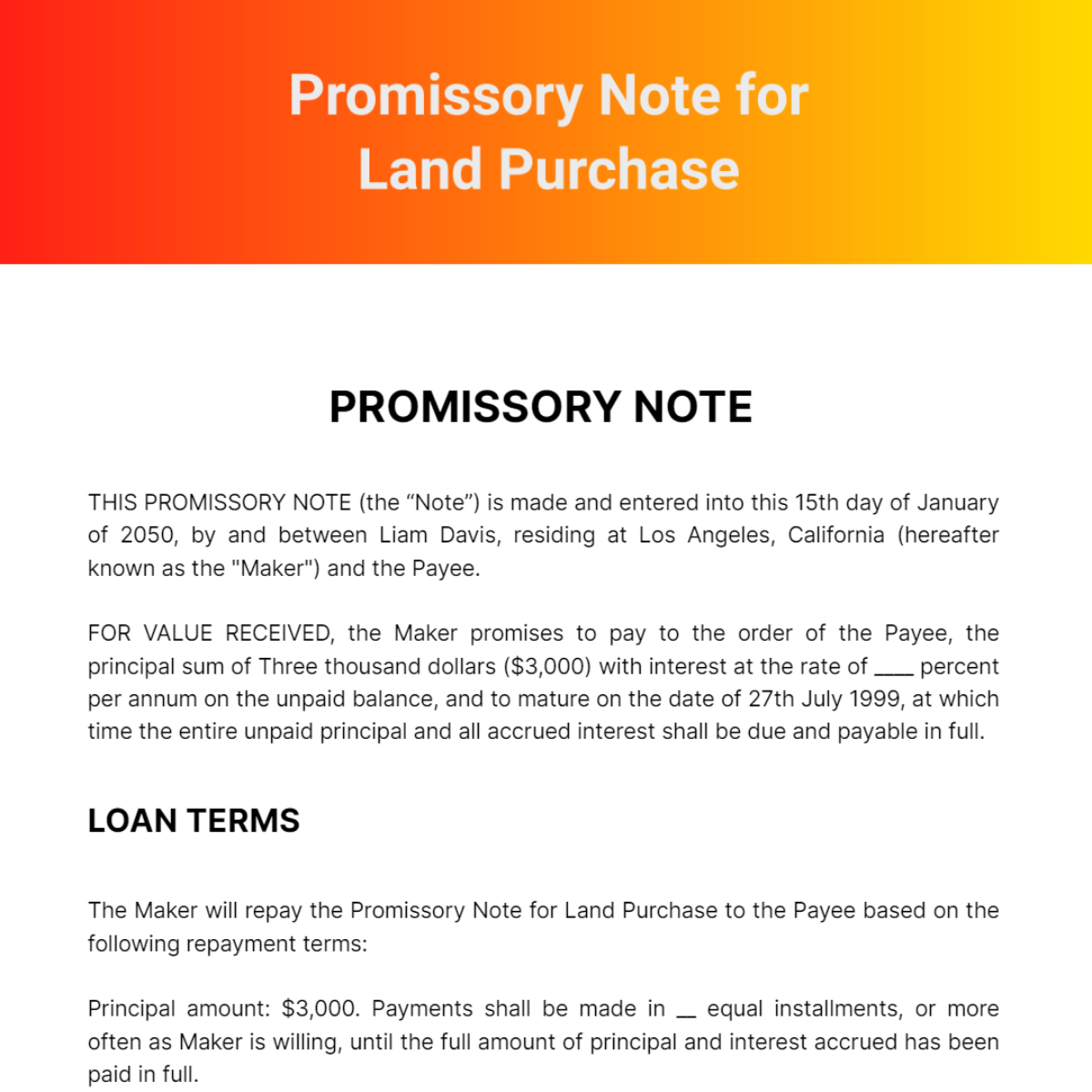 Promissory Note For Land Purchase Template