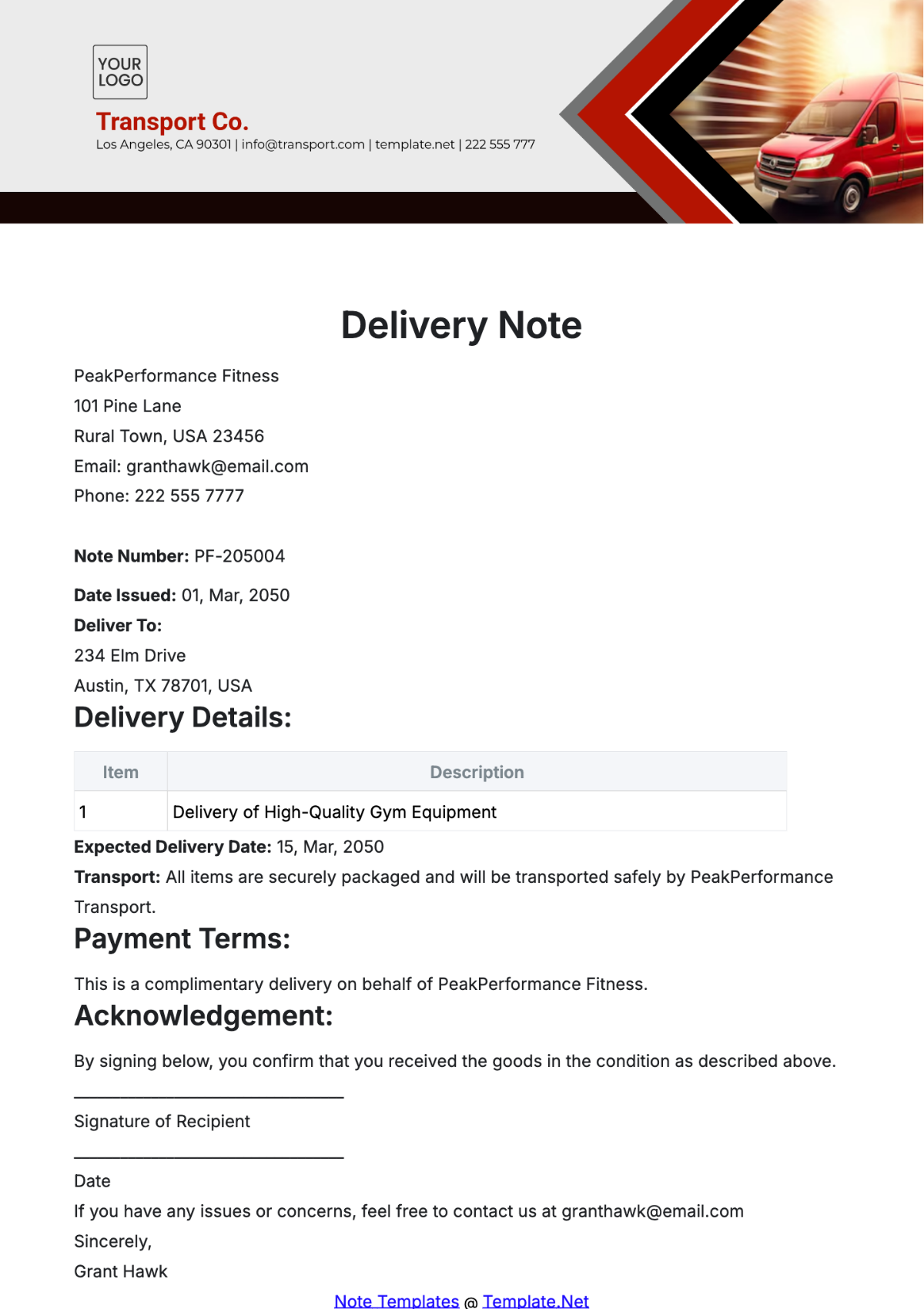 Transport Delivery Note Template