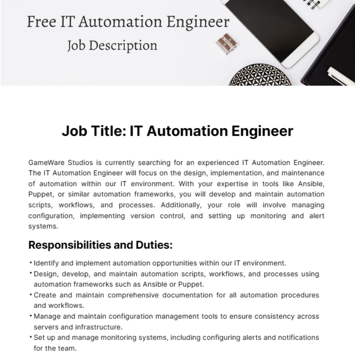 IT Automation Engineer Job Description Template