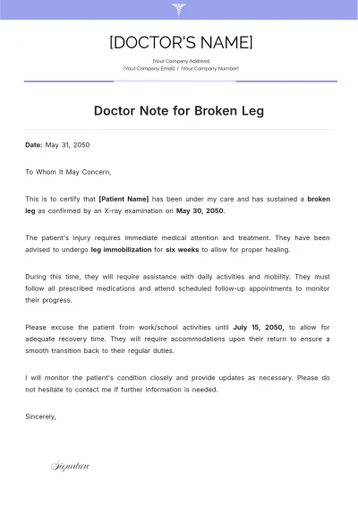 Free Doctor Note For Broken Leg Template to Edit Online