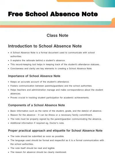 Free School Absence Note Template to Edit Online