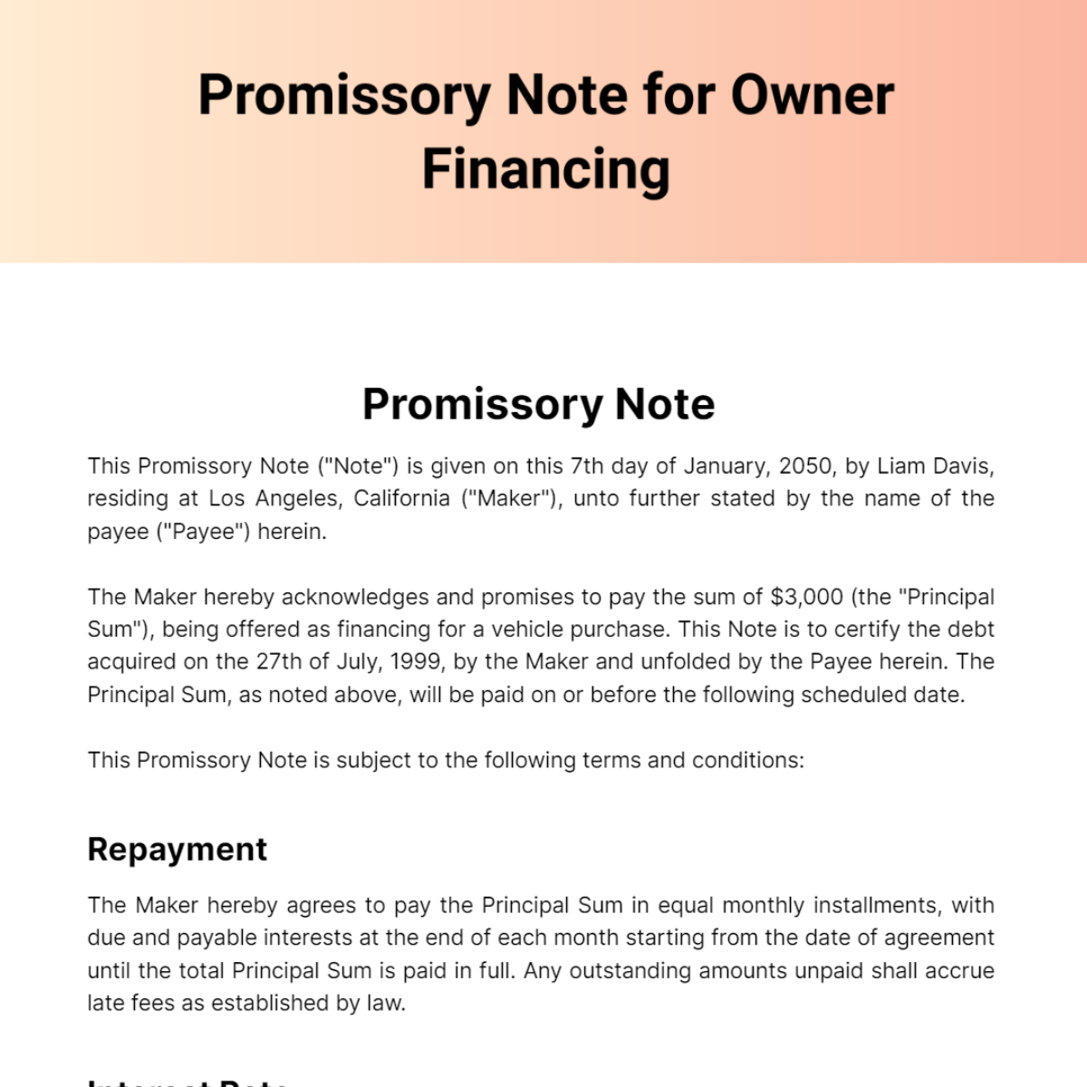 Promissory Note For Owner Financing Template