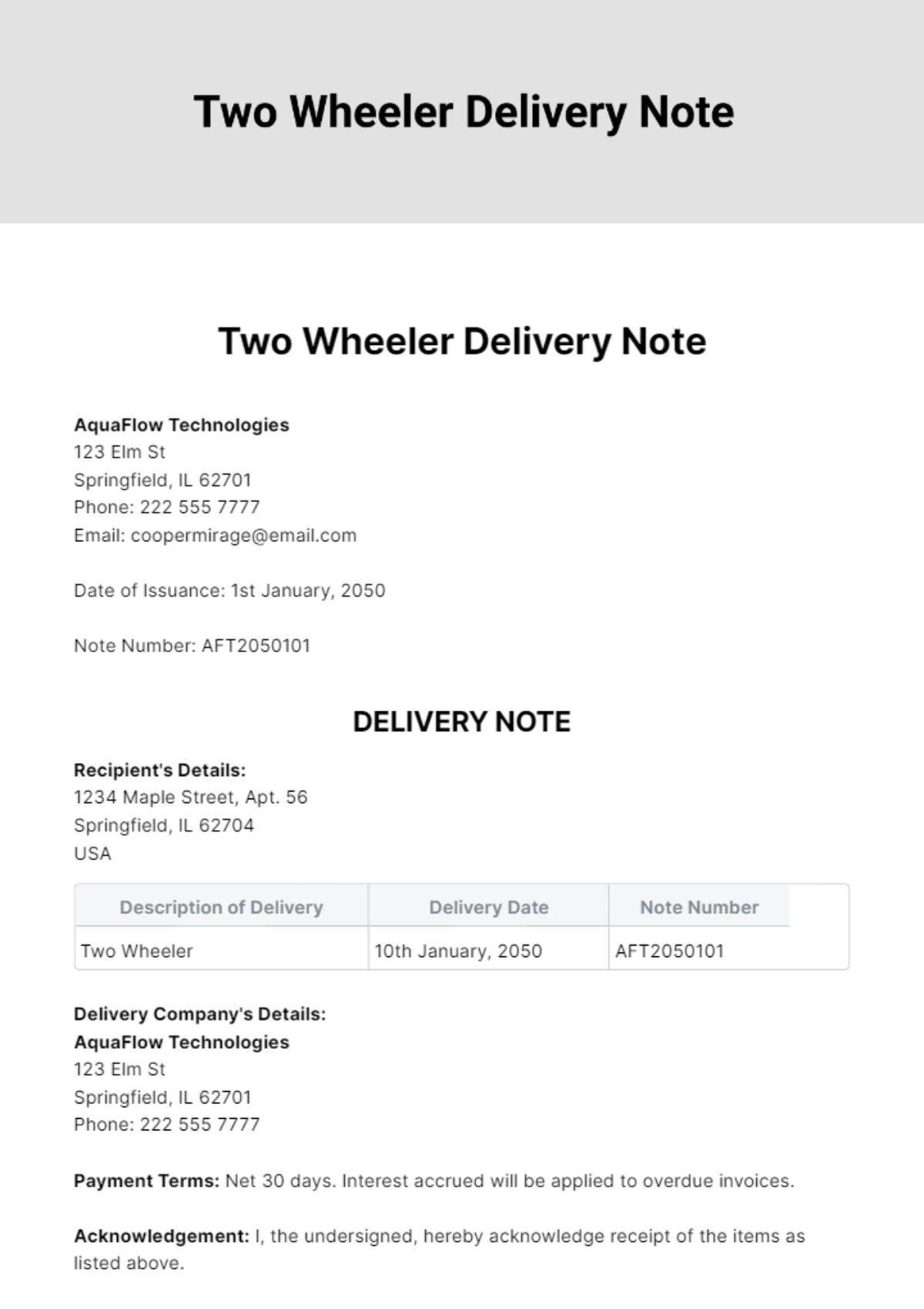 Two Wheeler Delivery Note Template - Edit Online & Download