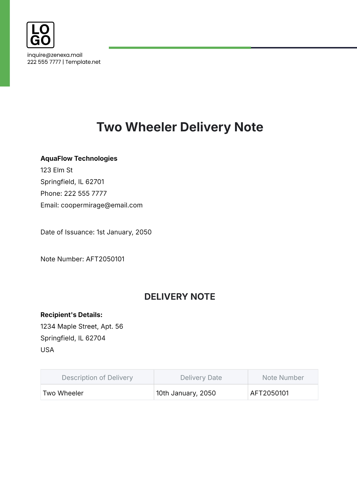 Free Two Wheeler Delivery Note Template